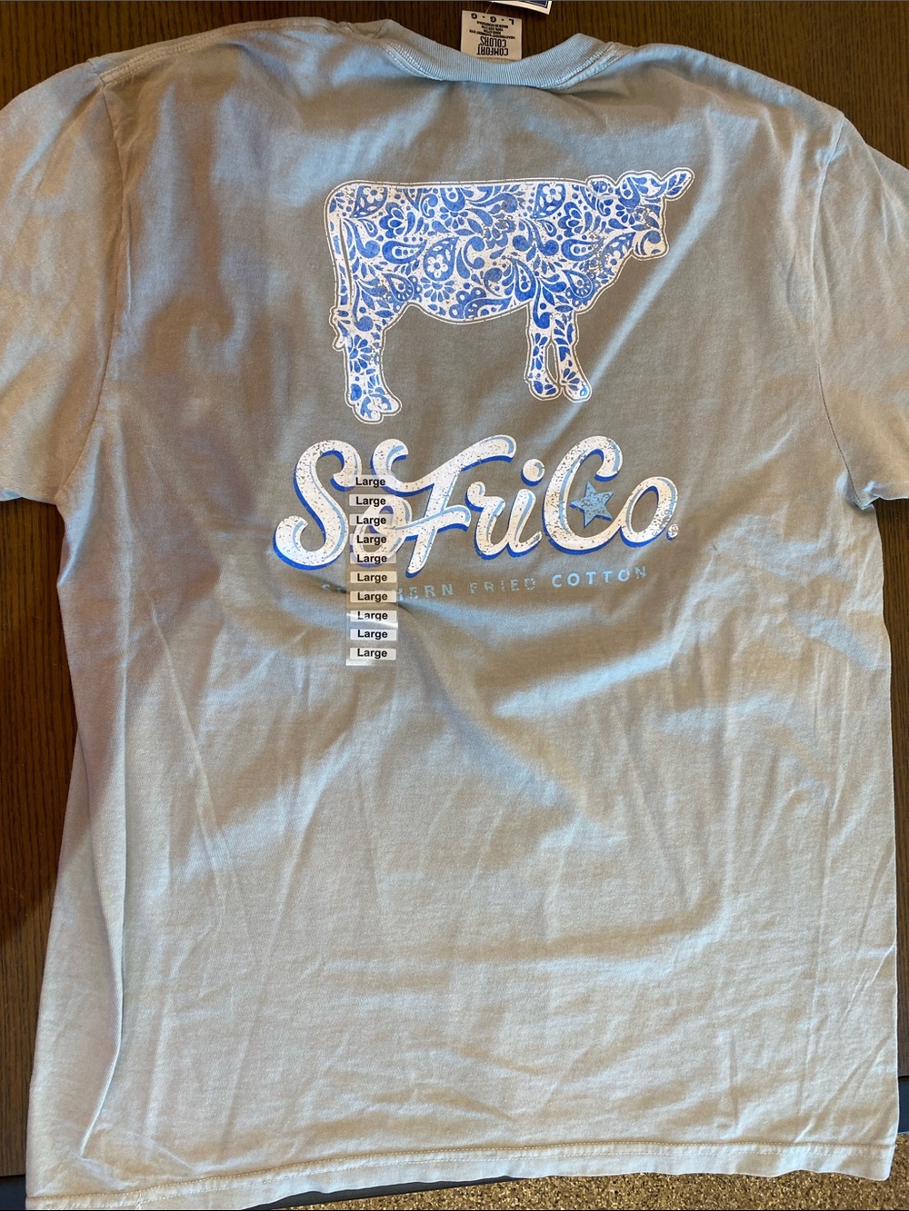 Southern Fried Cotton Light Blue Tee with Paisley Cow Graphic